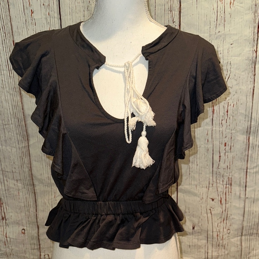 Jolie Black and Brown Ruffled Peplum Blouse
